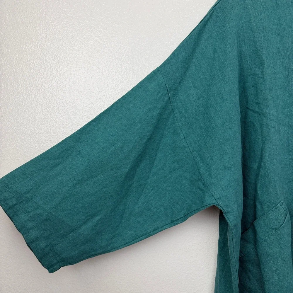 Bryn Walker Top Womens Medium Teal Green Linen Casana Button Front Oversized